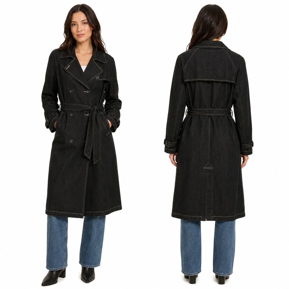 Crossing Pointe Trench Woman's Large Coat Belted Double Breasted Black